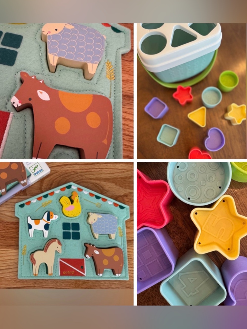 Puzzle set of 2: Farm animal theme puzzle wood & pastel shape sorter toddler toy